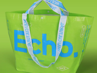 Bright green BOPP laminated PP woven tote bag with blue printing and woven handles