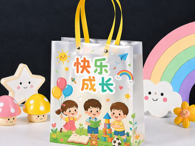 Frosted PP gift bag with colorful printed artwork, yellow ribbon handles, and cheerful toys