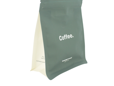 Matte white flat bottom coffee bag with one-way valve and zipper closure
