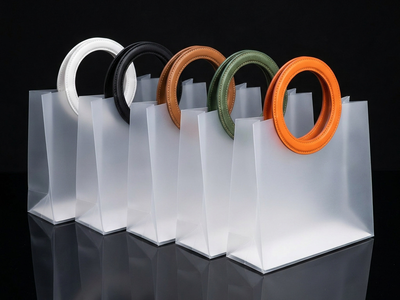 Five frosted PP ring handle gift bags in white, black, tan, green, and orange on reflective black surface
