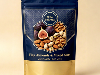 Matte black stand-up pouch with gold foil branding and transparent window for dried fruit packaging