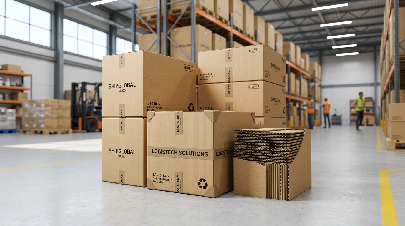 Heavy duty corrugated cardboard shipping boxes stacked in a modern logistics warehouse showing layered flute structures