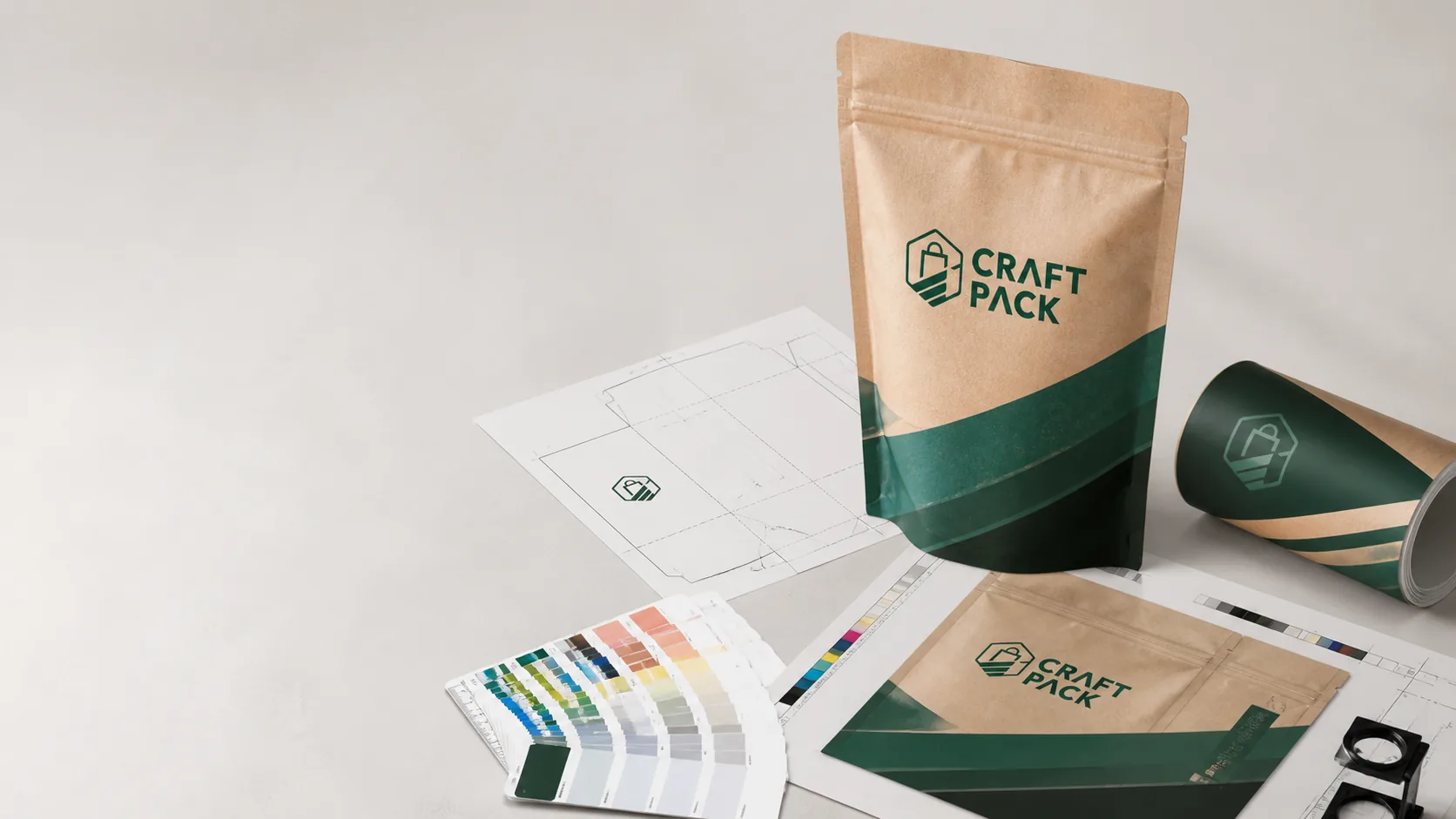 CraftPack-branded stand-up pouch, dieline artwork, color swatches, and printed proof reviewed during packaging prepress