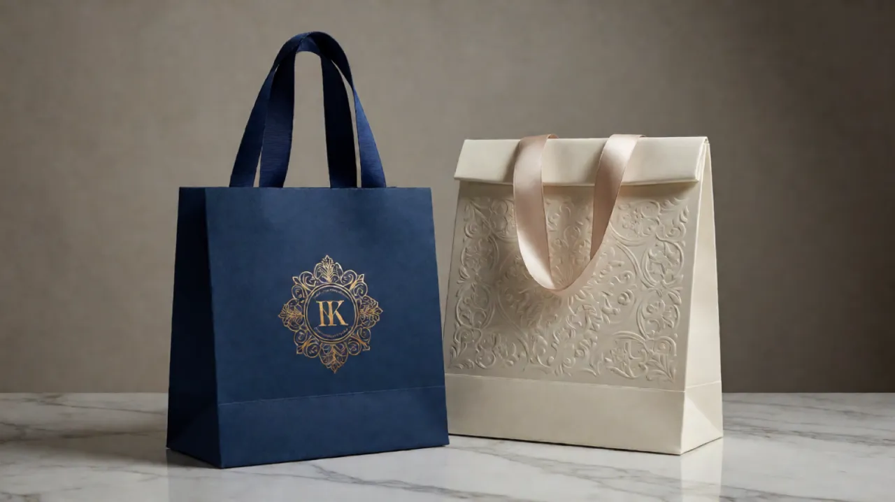 Luxury custom printed gift bags featuring metallic gold foil stamping, satin ribbon handles, and embossed ivory texture on marble counter