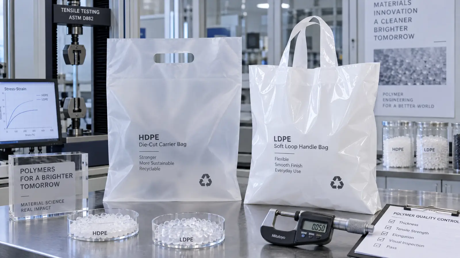 HDPE die-cut carrier bag and LDPE loop handle bag displayed with precision micrometer in a polymer testing laboratory