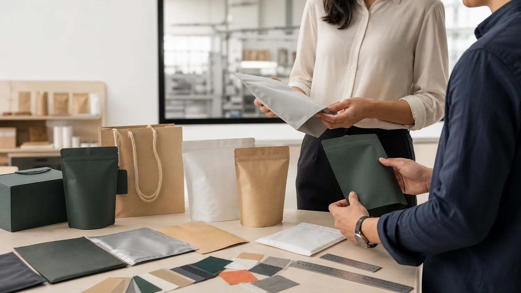 International packaging buyer reviewing custom bags and material samples with a packaging supplier