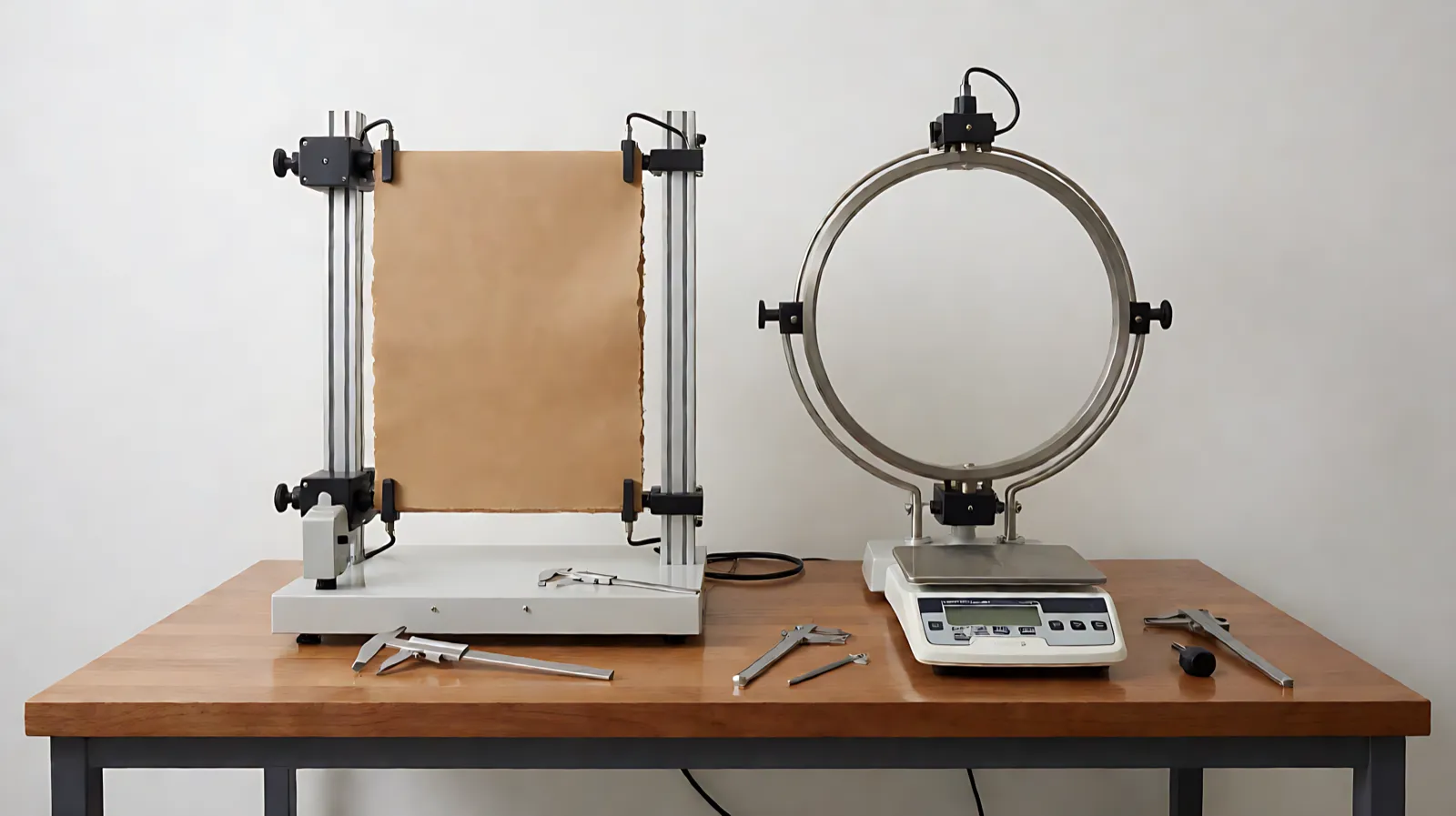 Technical laboratory paper testing setup showing Mullen burst tester and Cobb 60 sizing apparatus for kraft shopping bag paper
