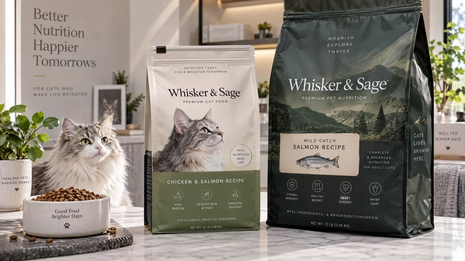 Premium flat bottom box pouch and heavy duty pet food packaging displayed with kibble in a commercial pet nutrition studio