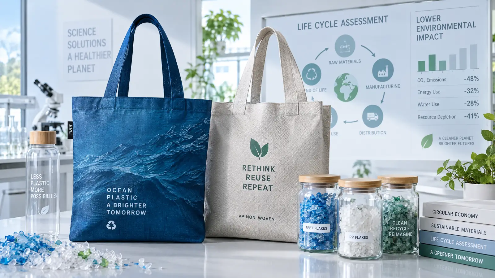 Recycled PET RPET tote bag and polypropylene non-woven reusable bag displayed in a sustainable packaging life cycle laboratory