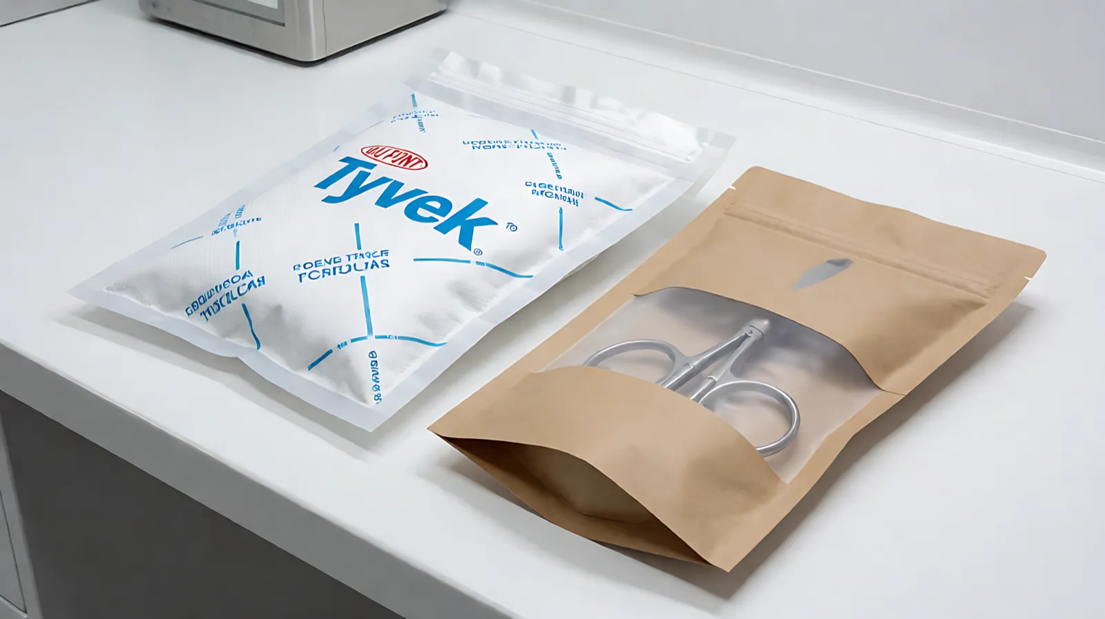 Cleanroom presentation comparing DuPont Tyvek chevron peel pouch with medical-grade kraft sterilization paper packaging