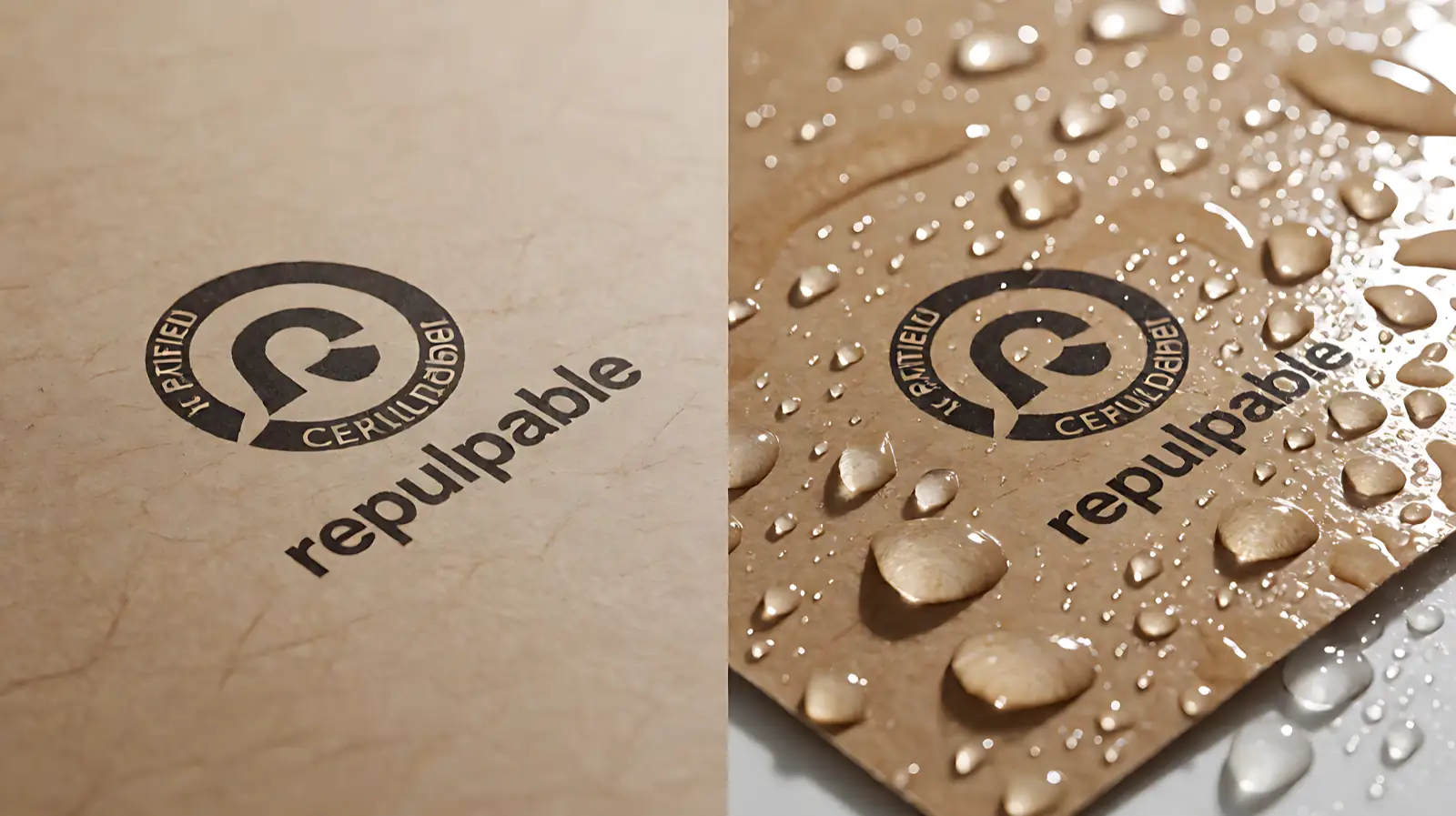 Laboratory comparison of water-based barrier coating and polyethylene extrusion on kraft paper showing liquid droplet repulpability