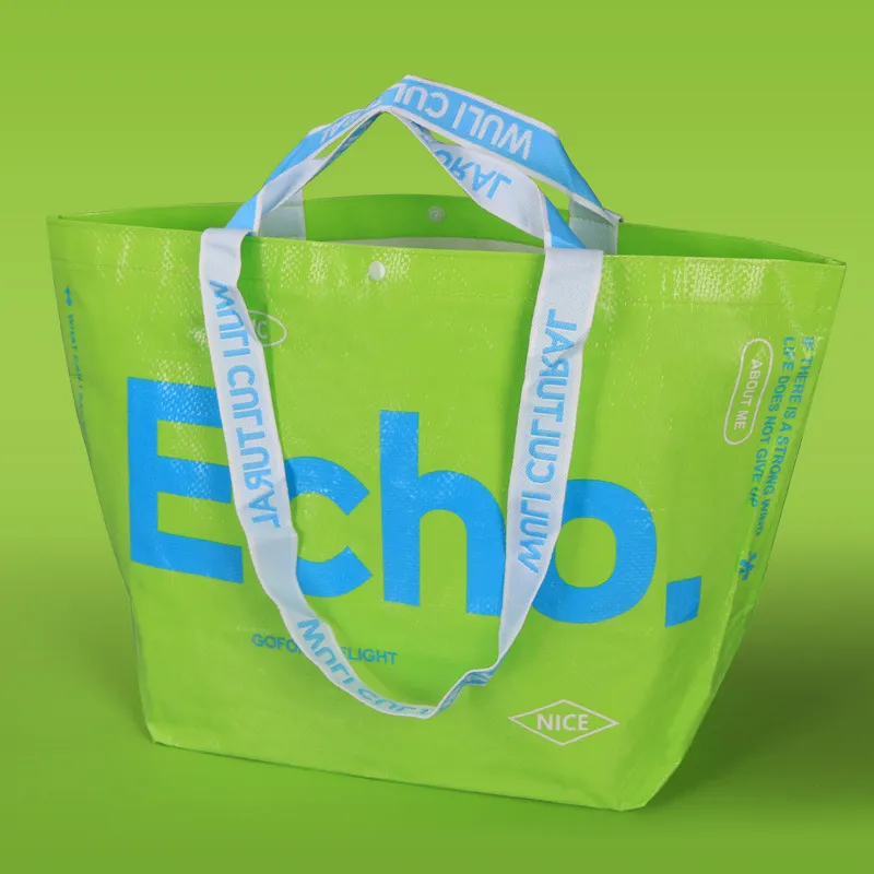 Bright green BOPP laminated PP woven tote bag with blue printing and woven handles