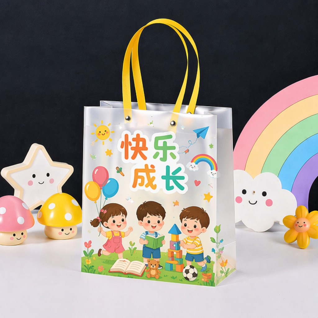 Frosted PP gift bag with colorful printed artwork, yellow ribbon handles, and cheerful toys