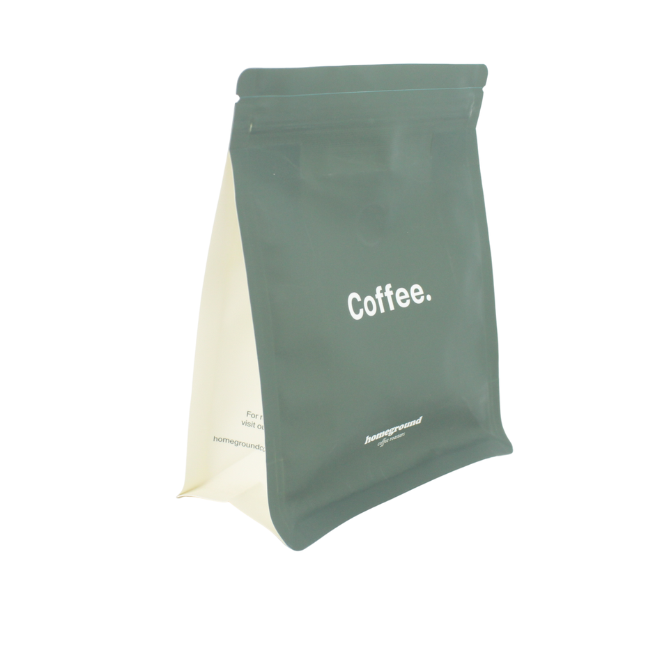 Matte white flat bottom coffee bag with one-way valve and zipper closure