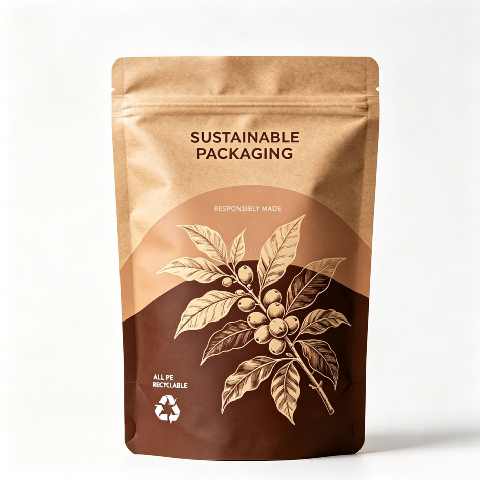Kraft-look Mono PE flat bottom pouch with zipper for organic snack packaging