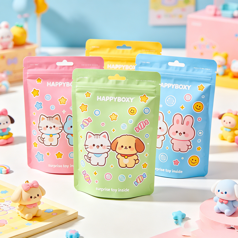 Foil-lined flat bottom zipper pouch for blind box and designer toy packaging