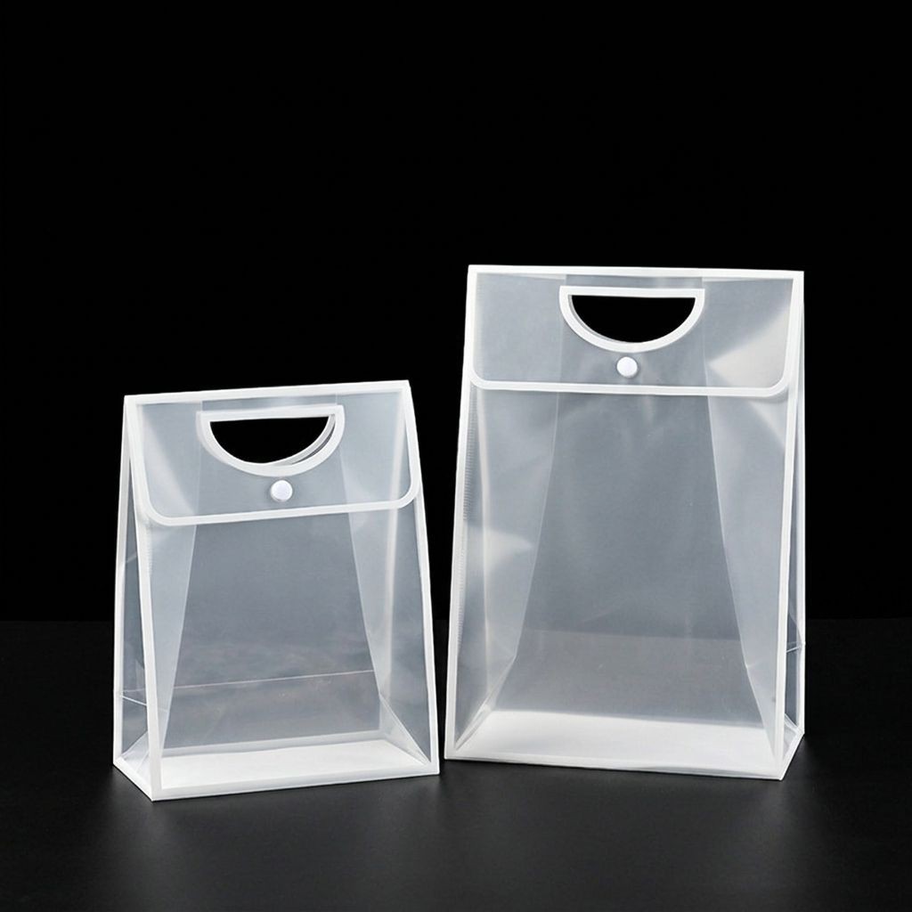 Two frosted PP gift bags with white trim in small and tall sizes on black background