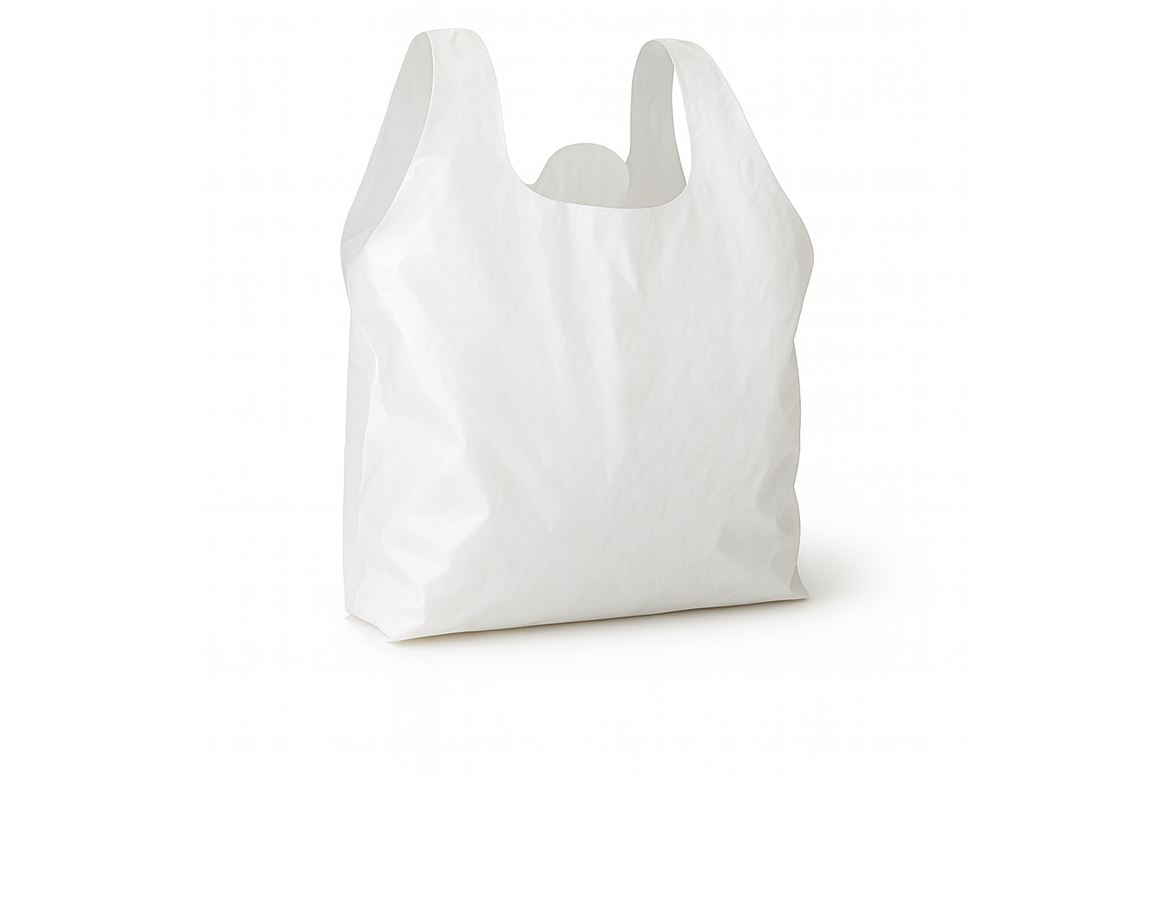 Plastic T-shirt carrier bags with integrated handles and side gussets