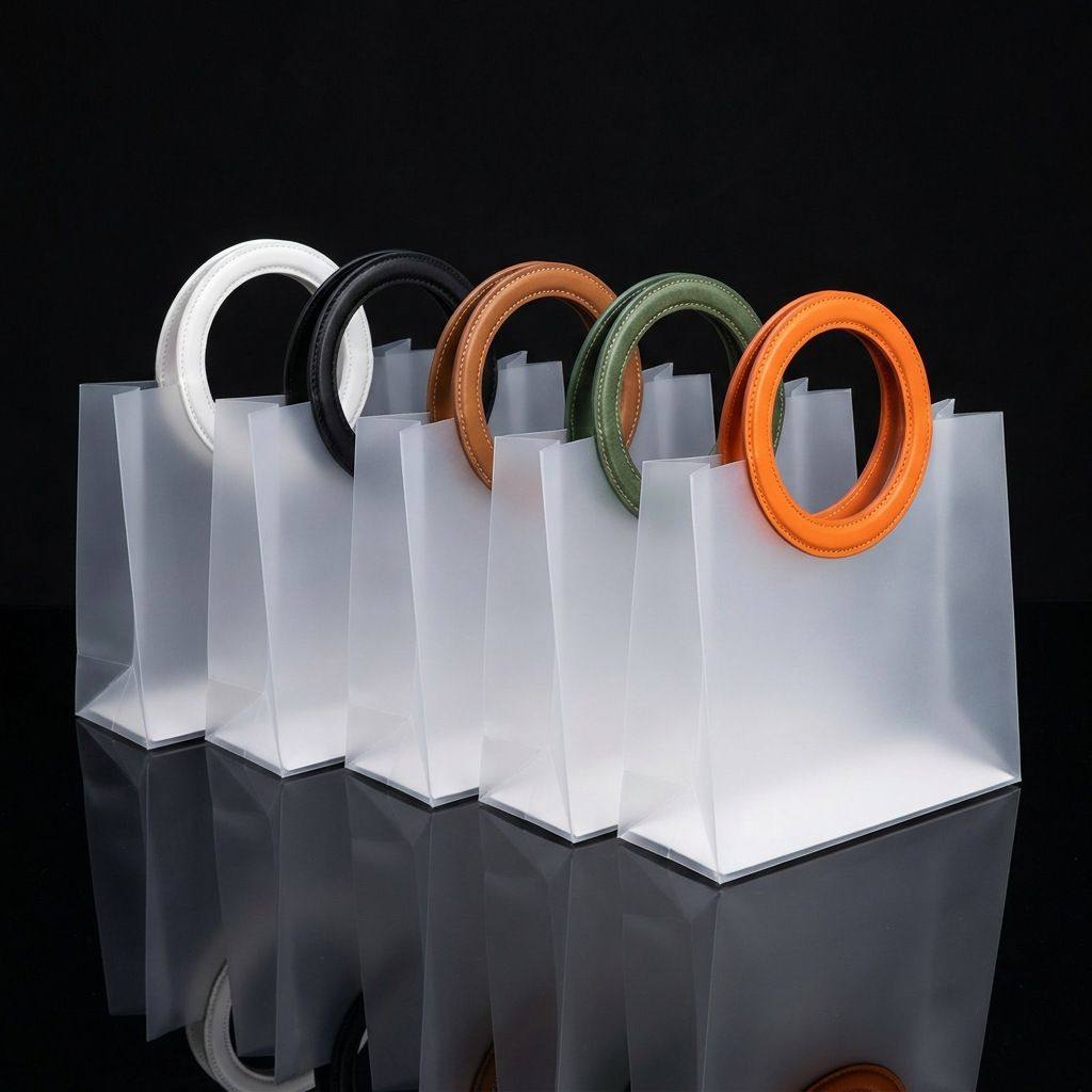 Five frosted PP ring handle gift bags in white, black, tan, green, and orange on reflective black surface