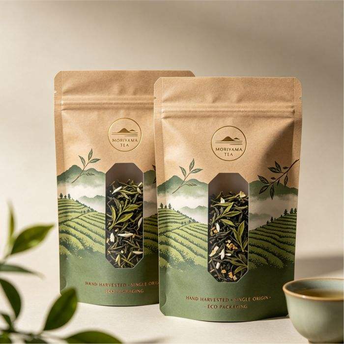 Kraft paper stand-up pouch with matte finish and zipper closure for tea packaging