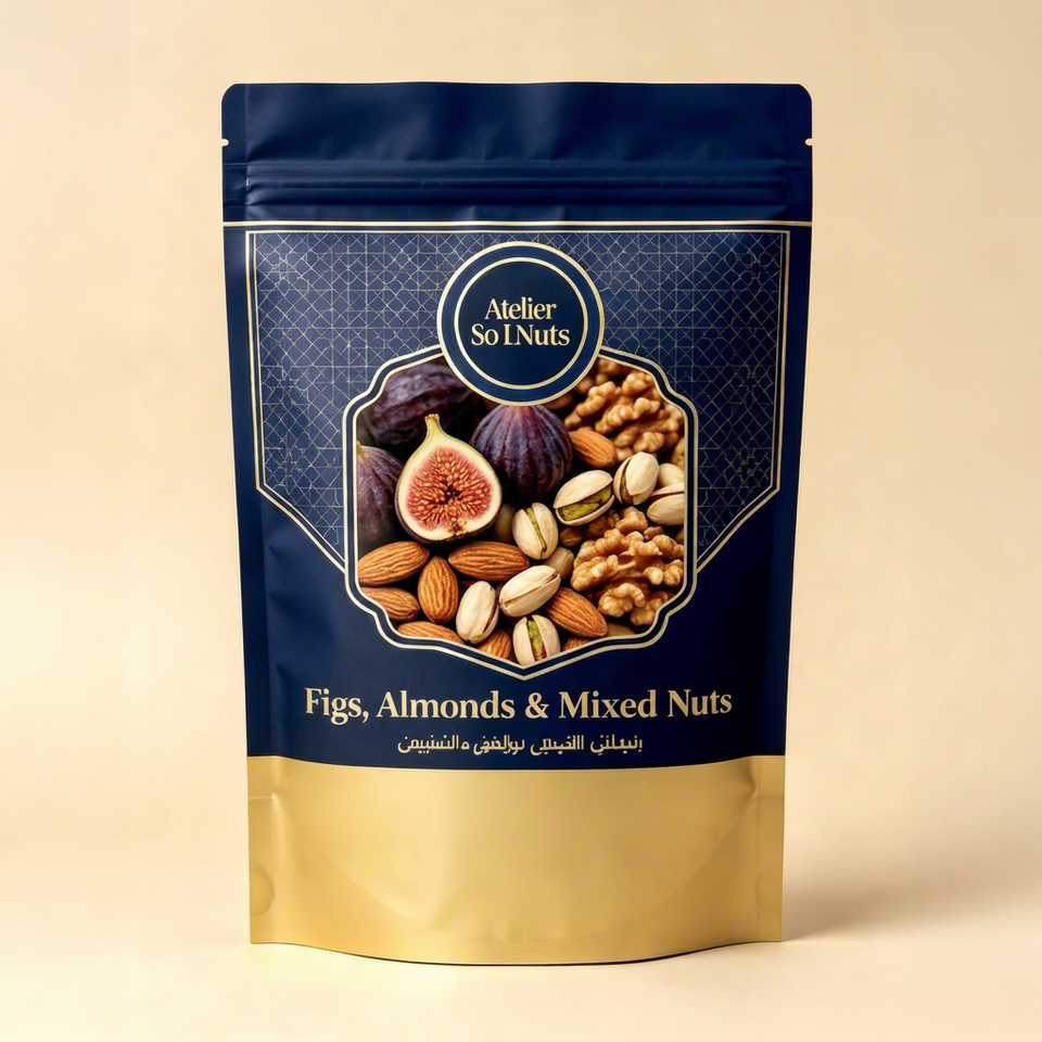 Matte black stand-up pouch with gold foil branding and transparent window for dried fruit packaging