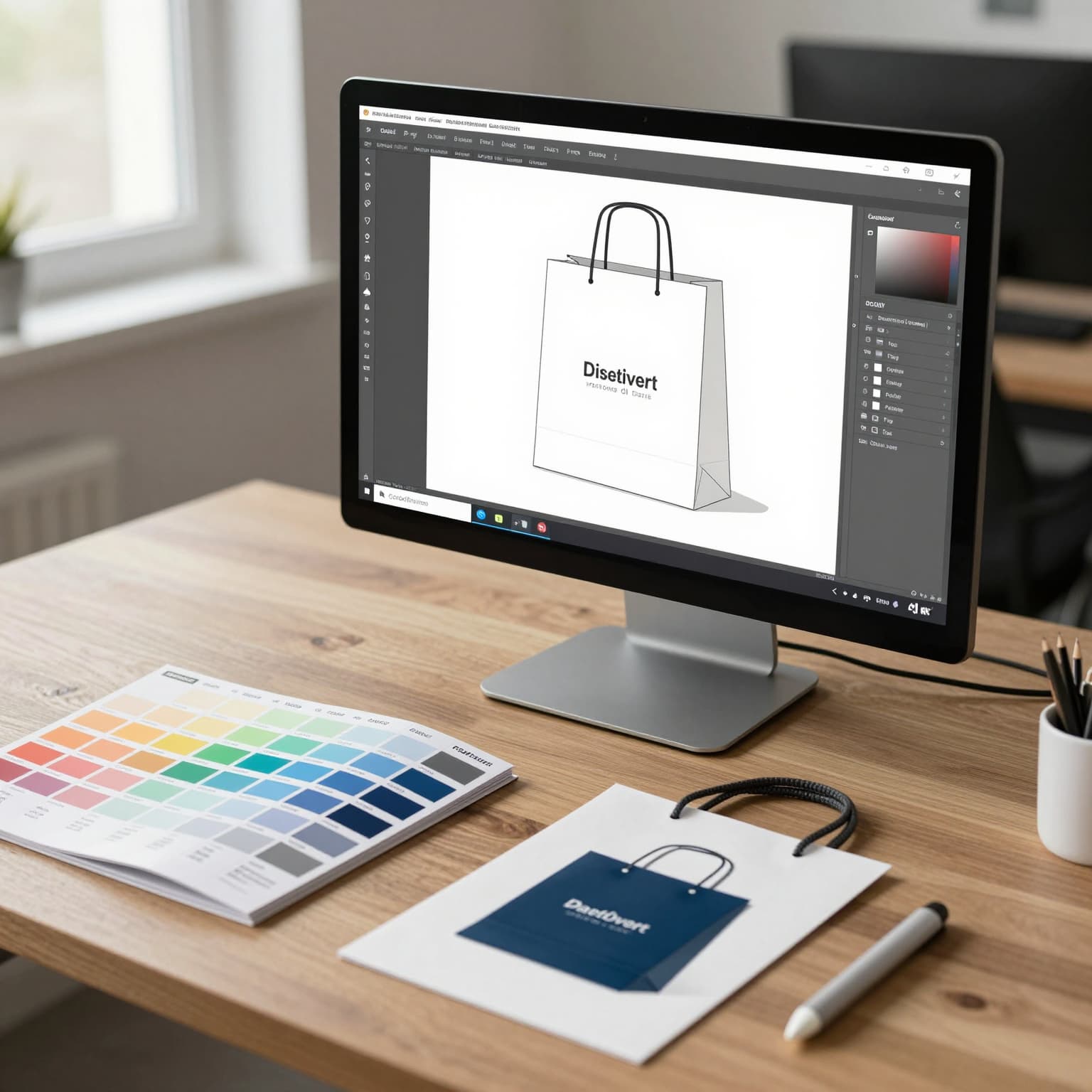 Custom shopping bag artwork and color samples being prepared for packaging production
